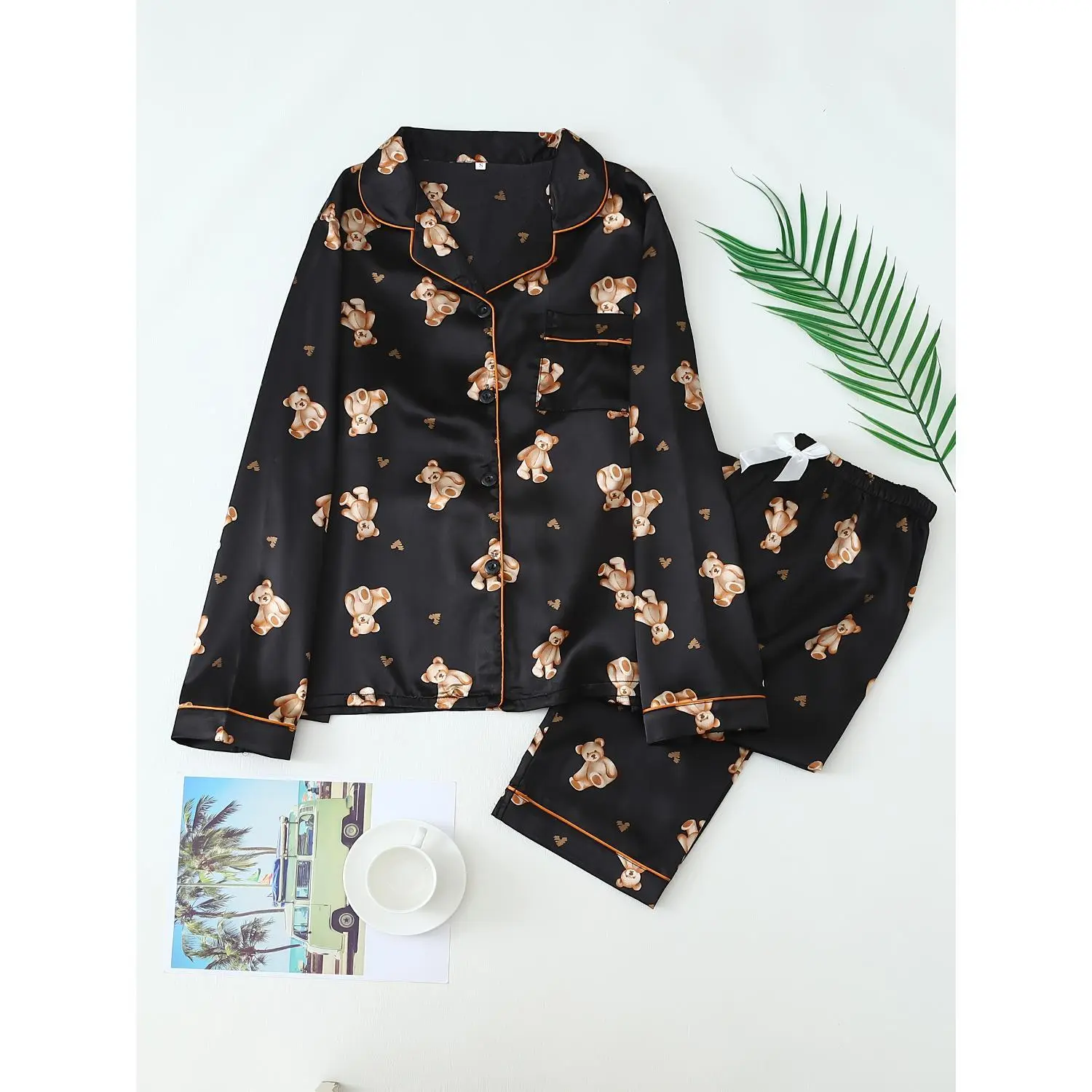 Teddy Bear Print Women's Long Sleeve Pajama Set with Pants