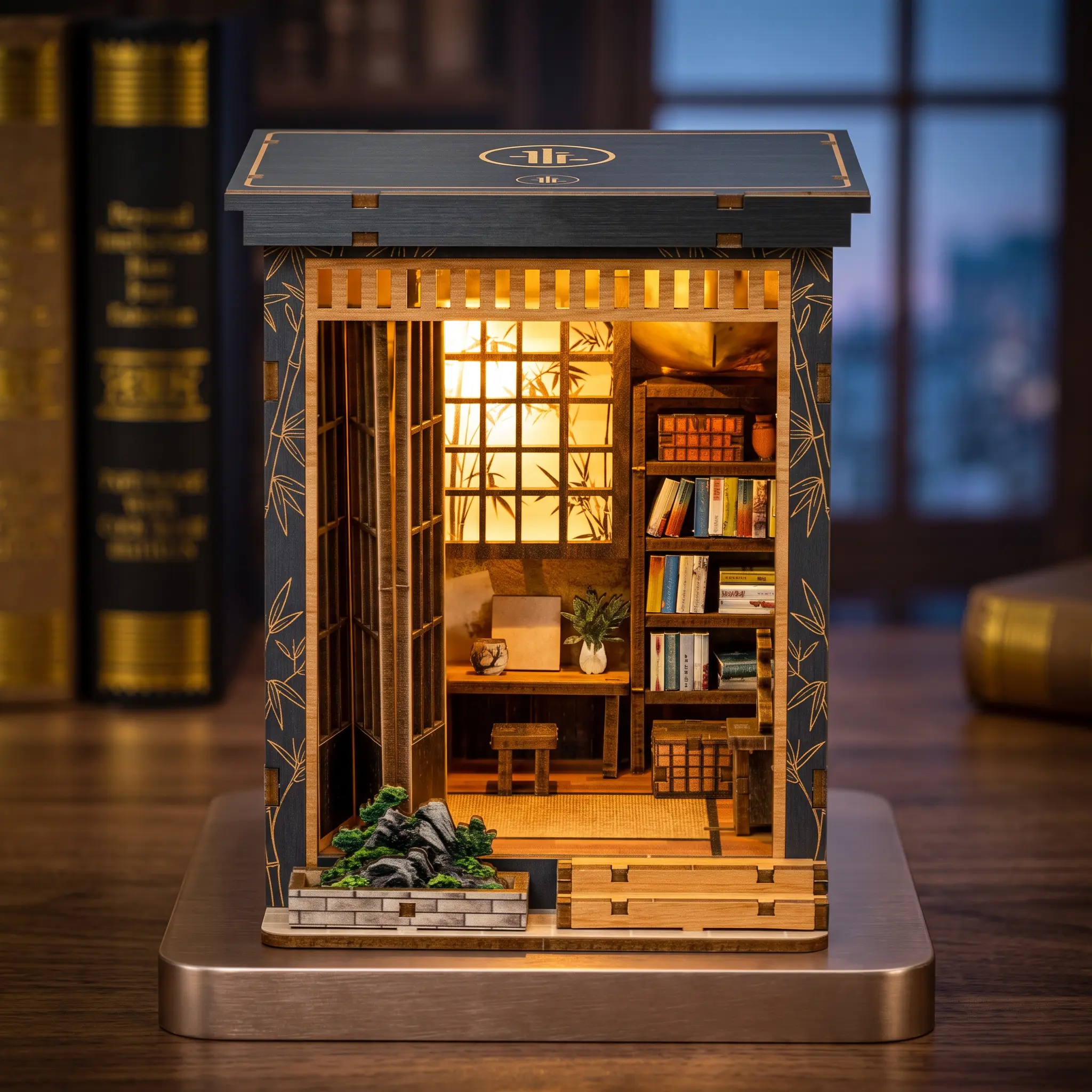 Japanese DIY Miniature House Kit with LED Light, Wooden Book Nook Craft Kit for Adults, 3D Mini Dollhouse Puzzle, Japanese Courtyard Bookshelf Diorama Decor Gift for Family Friends