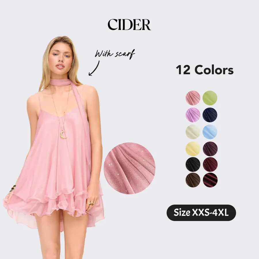 Cider V-Neck Halter Ruffled Hem Tulle Glitter Mini Dress Casual Wear Sexy Glamorous Women's Party Clubbing Festival Gown, Oversized Loose Fit Bounce Sundress with Scarf for Summer SohoChic