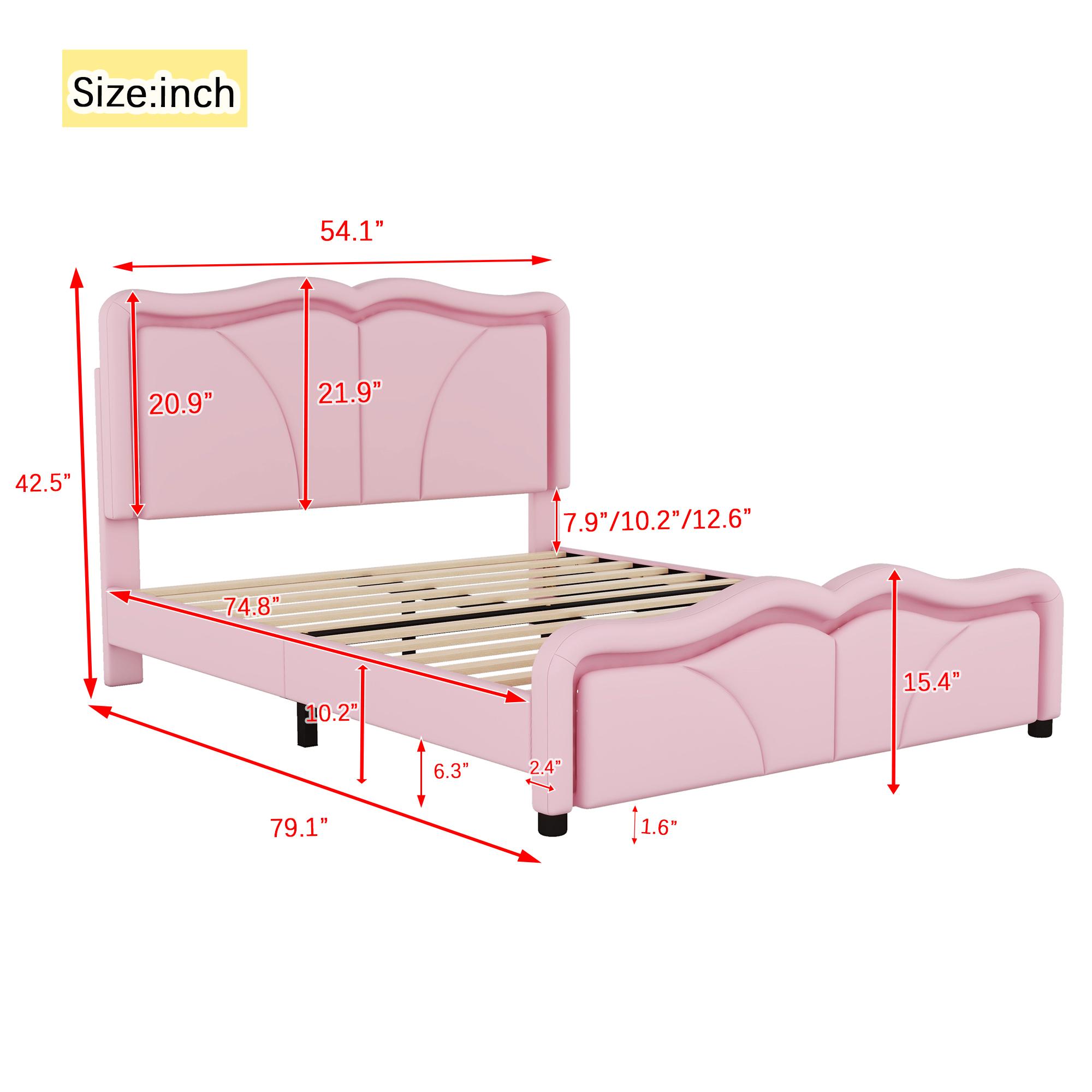 Bellemave Upholstered Platform Bed with Curve Shaped Height-adjustable Headboard LED Light Strips Kids Bed Solid Pine Wood MDF Stable Structure Easy Assembly