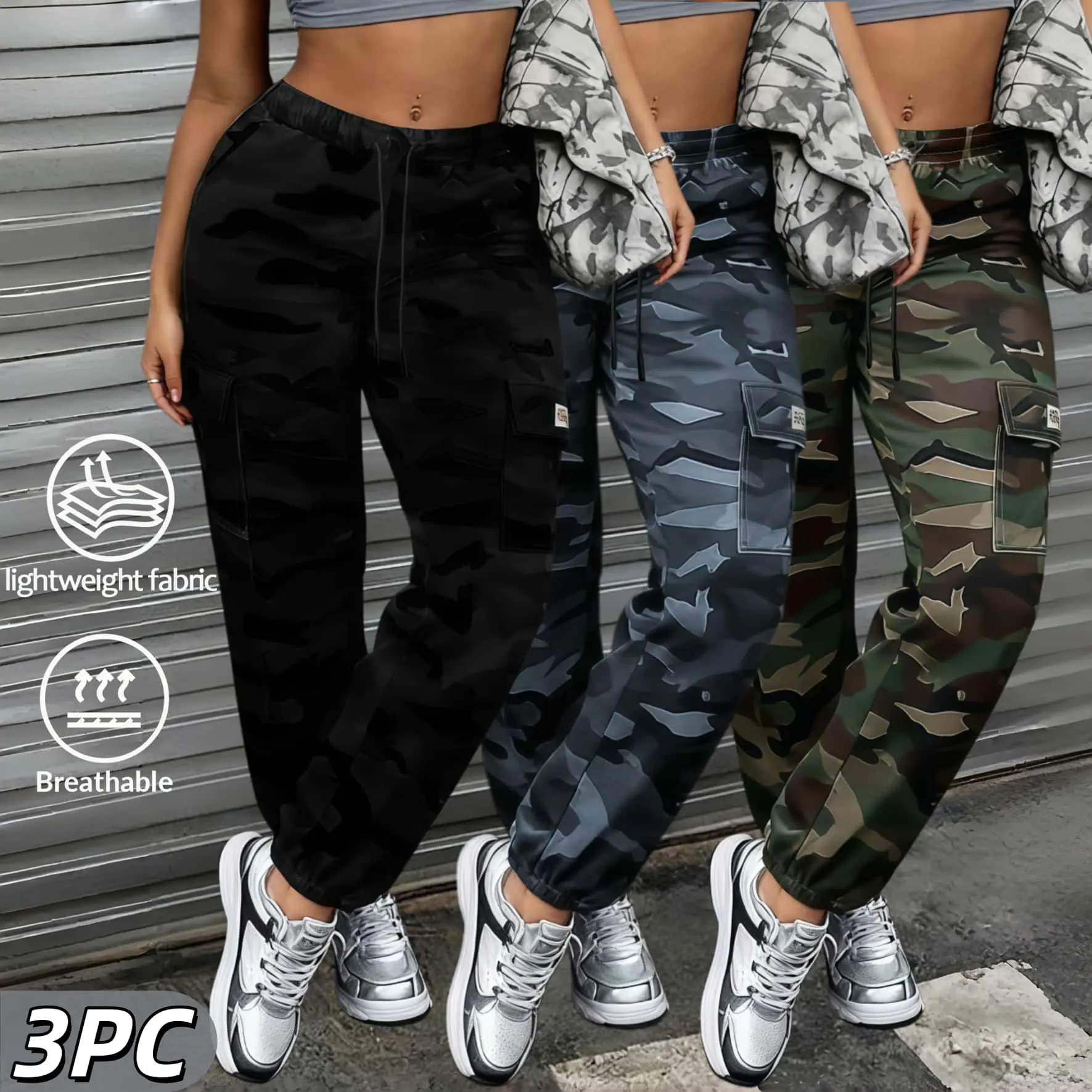 Women's Camouflage Print Cargo Joggers, Lightweight Breathable Casual Fit Trousers, Large Patch Pockets Elastic Drawstring Waist, Tapered Legs for Daily Outdoor Leisure | SummerVibes