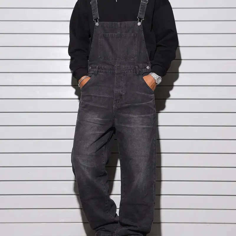 Men's Washed Black Woven Cotton Denim Overalls - Vintage Wide Leg Whiskered Utility Pants with Buttons, Retro Baggy Drape Fashion Streetwear 90s Grunge Party Workwear Casual Jumpsuit