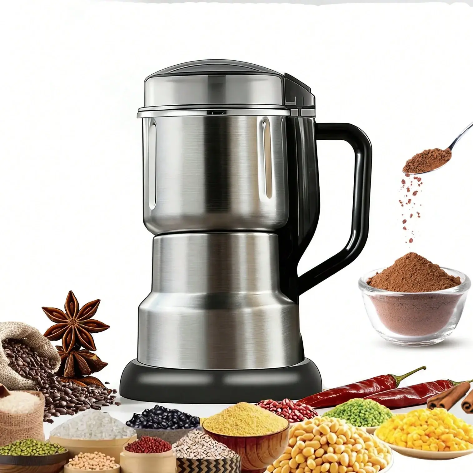 Electric Grain Grinder, 304Stainless Steel Coffee Bean & Spice Grinder, High-Speed Multifunction Dry Food Grinding Machine For Herbs, Rice, Corn, Pepper, Nuts And Seasonings, Household Kitchen Mill