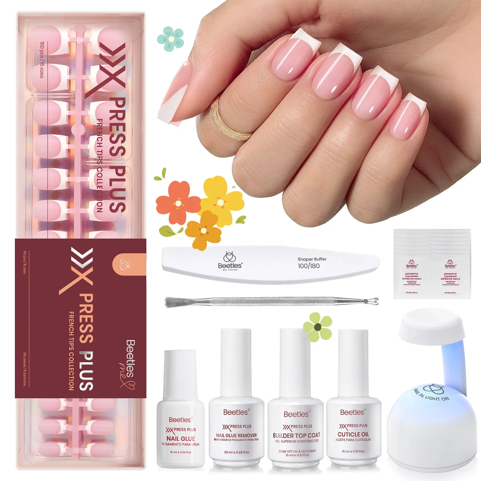 Beetles X Press Plus French Press On Nails Tips Kit, French Nail Pink Brown Short Square Almond Shape Natural Acrylic Nail Tips Effortless Beauty & DIY Manicures - mothersdaygift Spring Nail Summer Nail Vacation Nail #SummerVibes