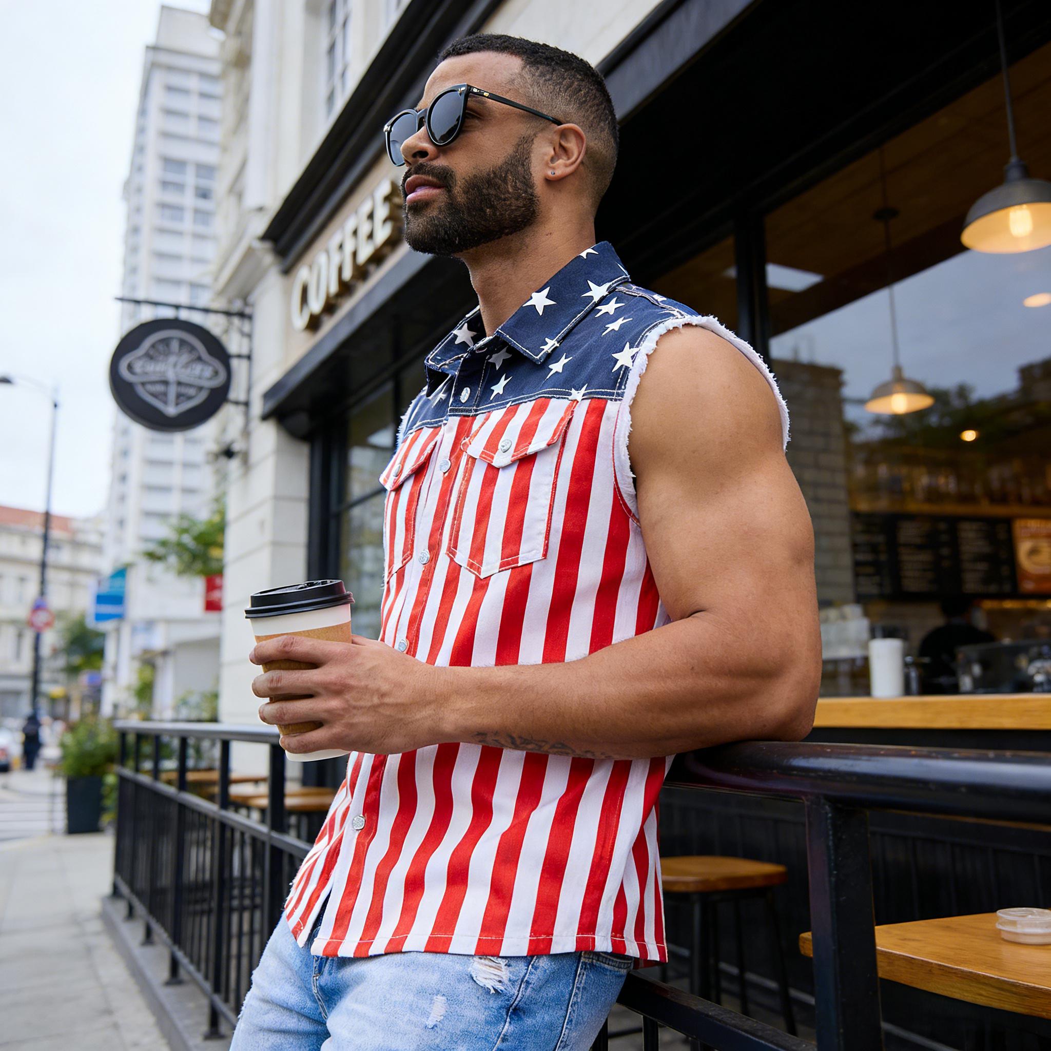 Yuanbang 4th of July Men&rsquo;s American Flag Denim Vest USA 250th Birthday Independence Day Sleeveless Summer Casual Jacket Patriotic Style Outdoor Fashion Menswear Father's Festival Dad Gifts Guys Love Top
