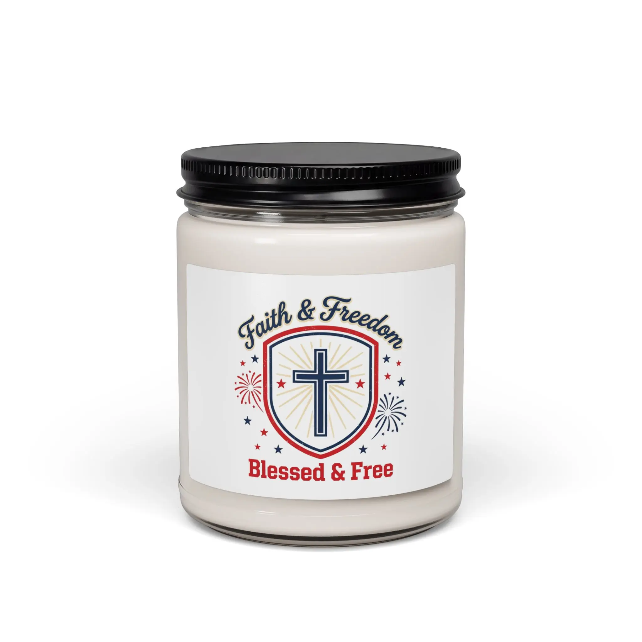 Faith & Freedom Cross Shield Candle | Scented Soy Candle, patriotic faith-based July 4th