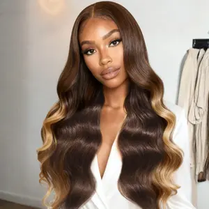 Sunber Loose Wave 7x5 Pre Cut Lace Closure Layered Brown Highlights Colored Glueless Human Hair Wigs Put on and Go summerwins