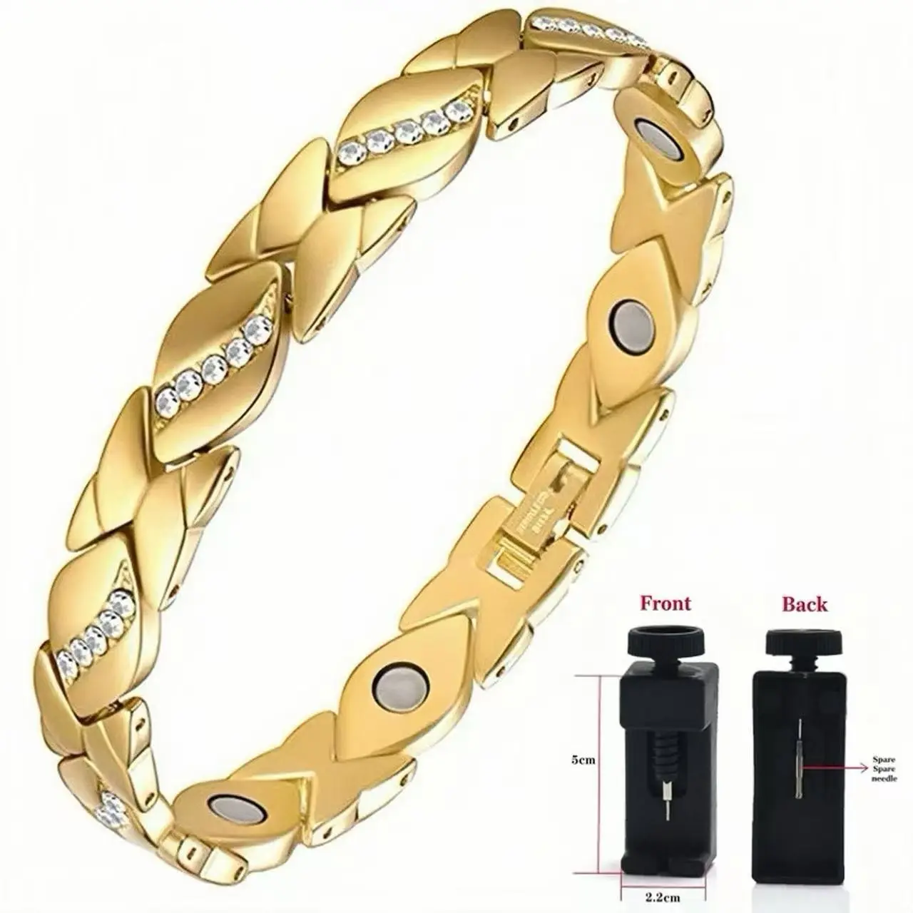 Magnetic bracelet made of titanium alloy, is in the shape of a clover surface has diamonds. Its magnetic force is 3500 gauss and it does not fade easily. It is very suitable for outdoor leisure activities.