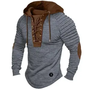 Comfortable top Solid Color Hoodie Men's T-shirt Top Pleated Hooded Street Long Sleeve Lace-up Stitching Basic Style Casual Black