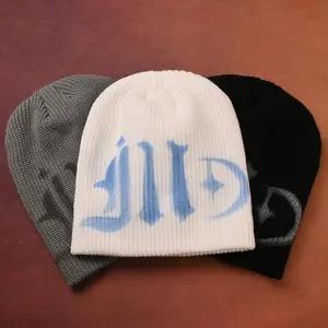 1pc Y2K Sweet & Edgy Japanese Kanji Letter Beanie - Stretchy Lightweight Winter Hat for Men & Women, Cold Weather Skull Cap with Ribbed Texture, Dry Clean Only (Grey/White/Black)