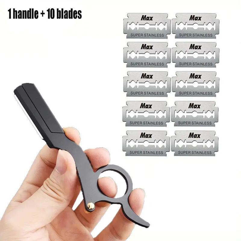 Men's Straight Razor Set, 11pcs/set Including 1pc Shaver Handle & 10pcs Stainless Steel Blades for Beard Styling, Straight Edge Manual Razor for Men