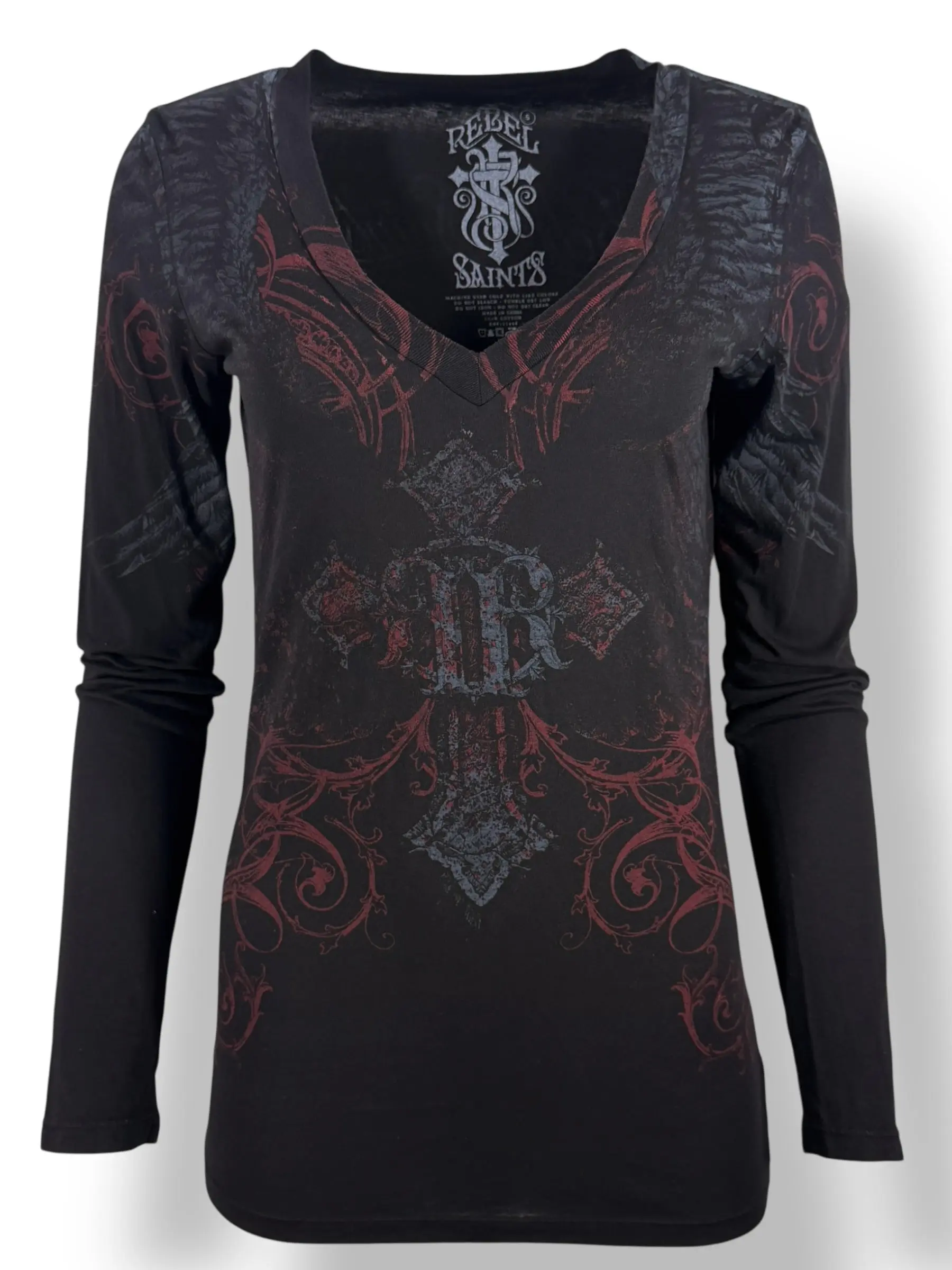 Rebel Saint By Affliction Women's Cotton Casual T-Shirt - 2000s Style Alt Clothing Women Punk Streetwear Top with Scattered Print