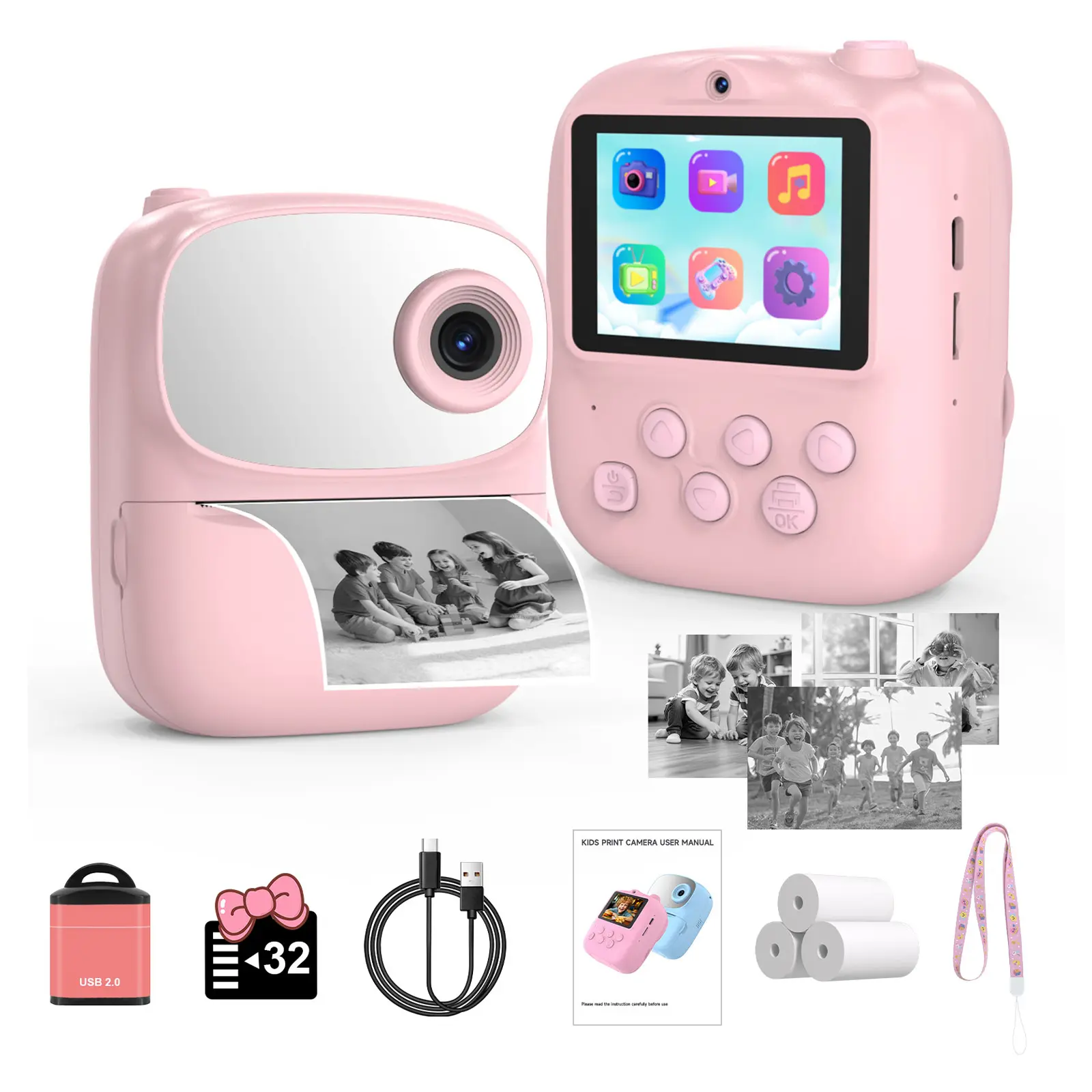 【tiktokshopbacktoschool】Kids Instant Print Camera (with 3 Rolls of Paper), 2.4" LCD Screen, Rechargeable 1080P Pocket Camera, 12MP Photos, Thermal Paper Printing (No Ink Needed), Birthday Gift for Boys & Girls, Portable Lens Camera