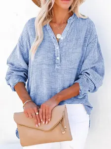 Women's Casual V Neck Henley Shirts Long Sleeve Button Up Blouses Crinkle Cotton Loose Fit Tunic Tops