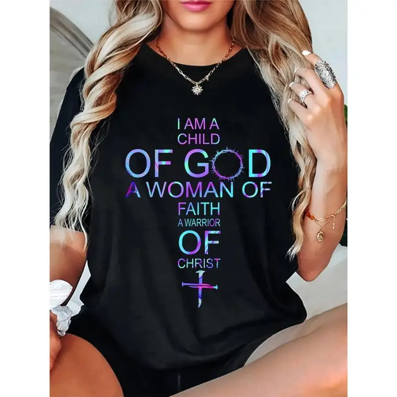 Women's 180g 100% Seamless Elastic Fabric Short Sleeve Round Neck Christian Faith T-Shirt - "I Am a Child of God, A Woman of Faith, A Warrior of Christ" Inspirational Casual Tee with Geometric Print, Machine Washable, Perfect Fit