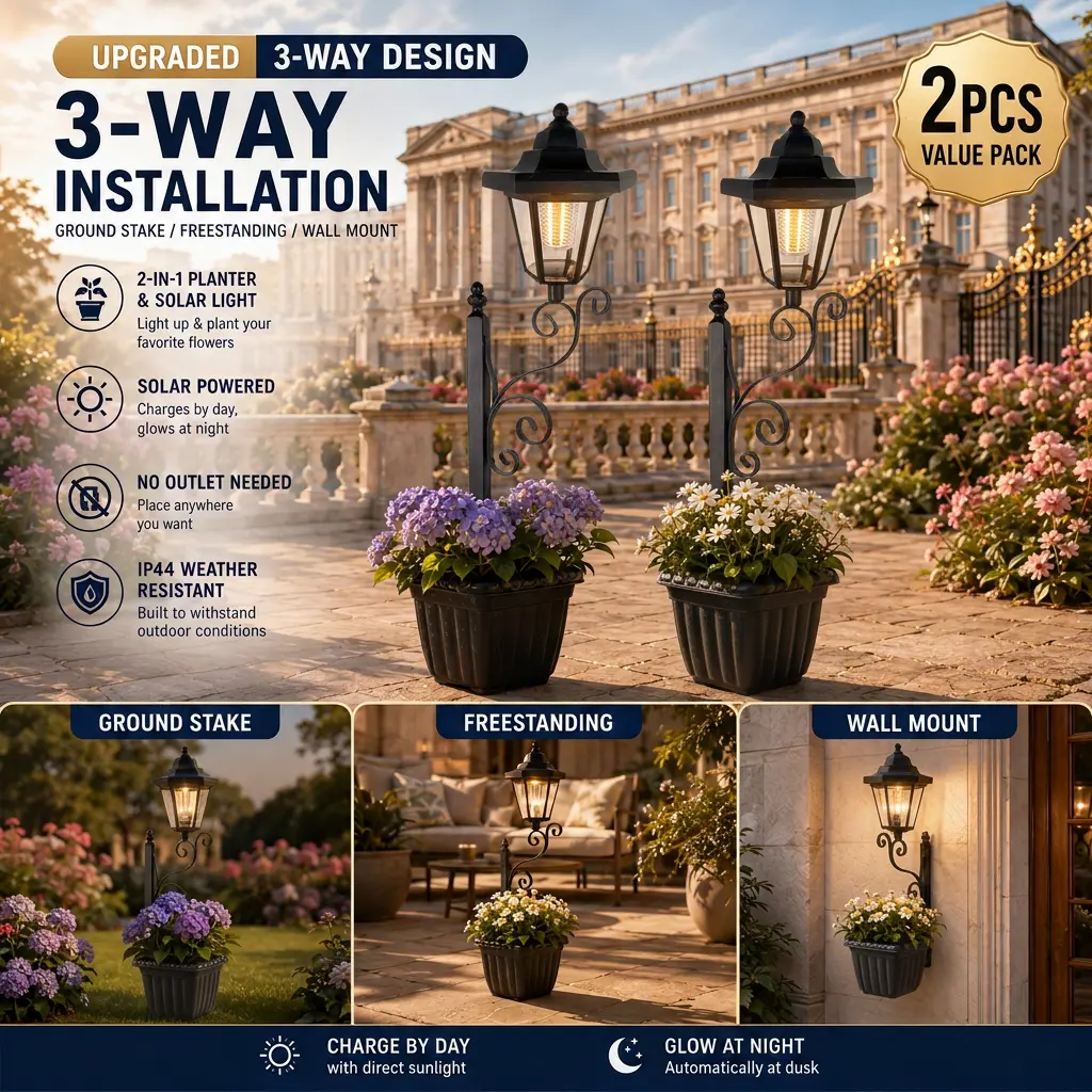 2Pcs 3-in-1 Solar Hexagon Planter Lights, Upgraded Outdoor LED Garden Decor Lights with Flower Pot, Stake, Freestanding & Wall Mount, IP44 Weather Resistant, Solar Powered Lights for Patio, Lawn, Yard & Porch