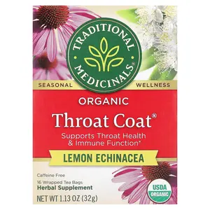 Traditional Medicinals Organic Throat Coat®, Lemon Echinacea, Caffeine Free, 16 Wrapped Tea Bags, 1.13 oz (32 g)