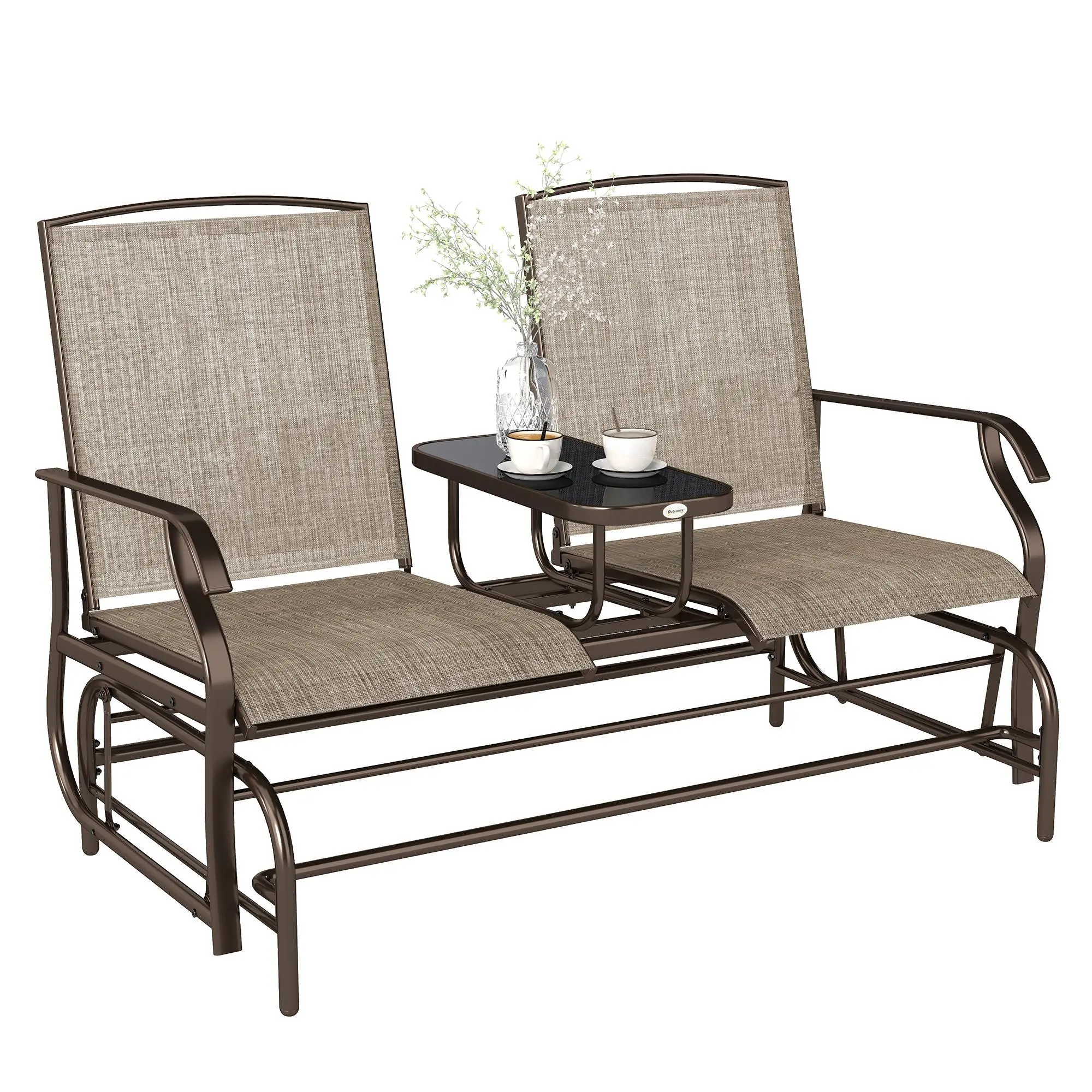 Outsunny Brown Outdoor Glider Bench with Center Table - Metal Frame Outdoor Seating Furniture, Patio Loveseat with Breathable Mesh Fabric, Armrests for Backyard Garden Porch, Patio Outdoor Chairs