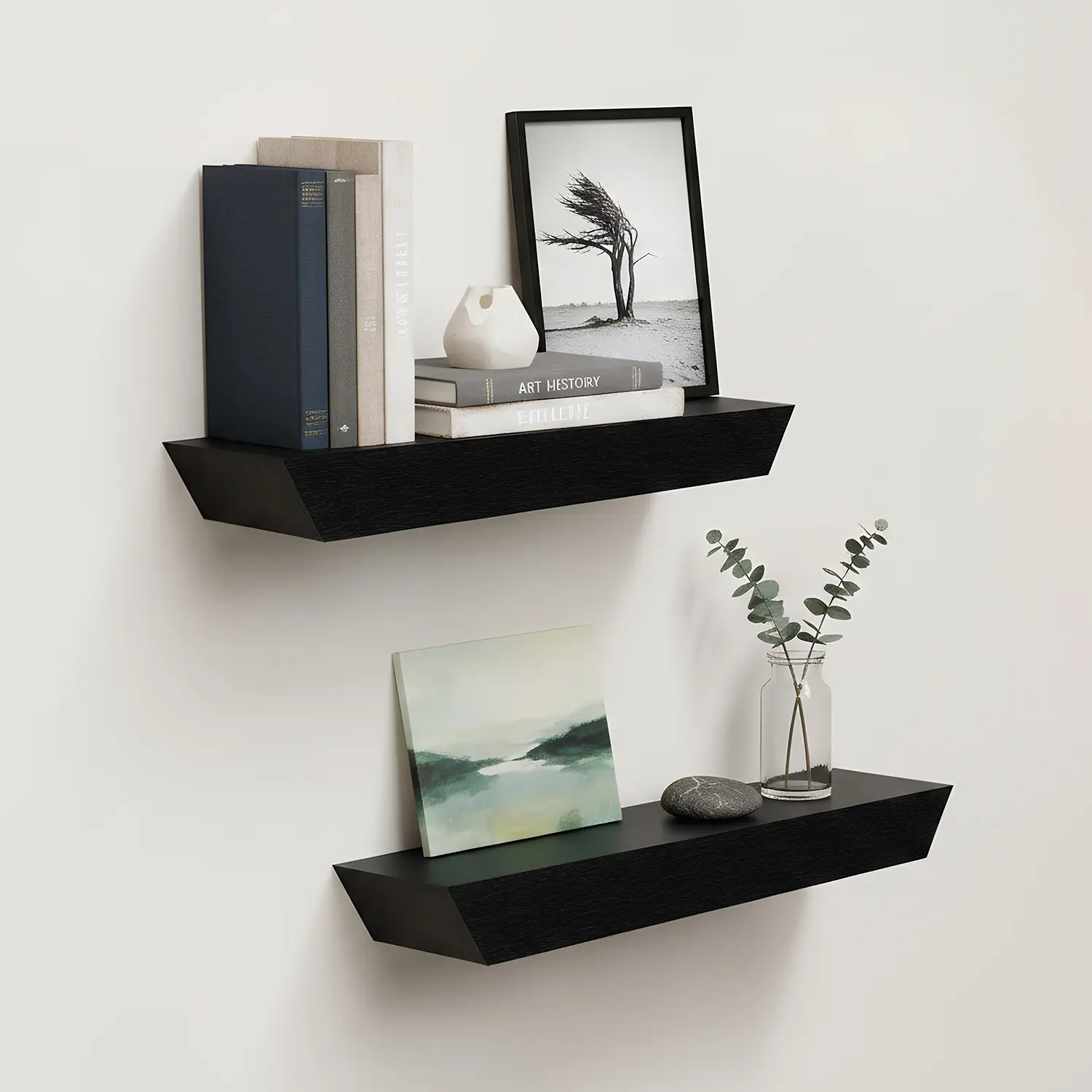Spaco 2-Piece Black Hanging Floating Wood Shelves (18.11in) - Durable Decorative Wall Organizer, Invisible Brackets, Easy Installation, Mounted Shelves for Bedroom, Bathroom, Wall Organizer Shelf