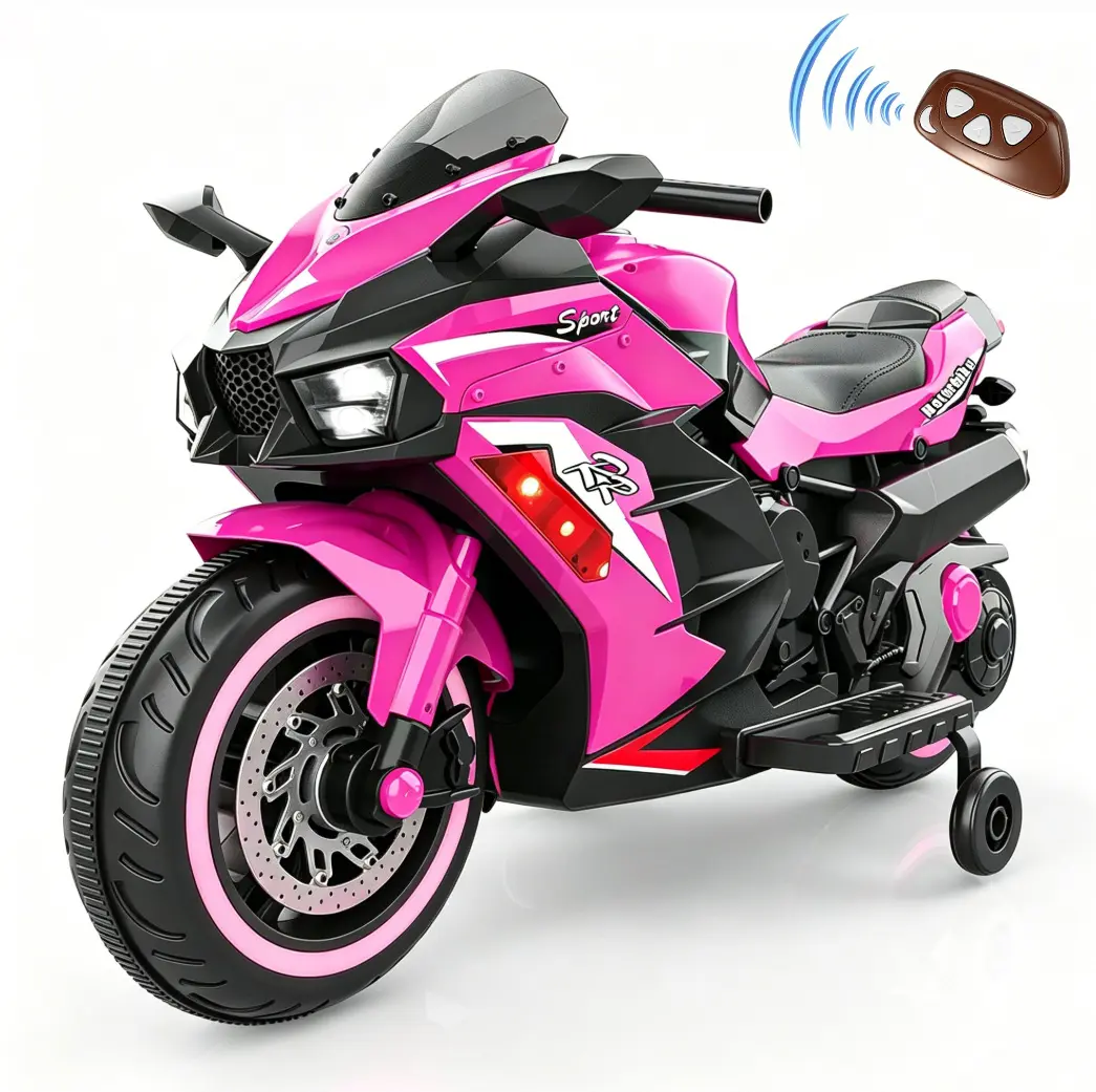 12V Battery-Powered Plastic Electric Ride-On Toddler Bike for 2-5 Yrs Girls, Pink Model with Remote Control, Wheel Lights, Charger, Engine Sound, 25 lbs Capacity, Boosts Balance Ability for Beginners, Birthday Gift Option, 80 Lbs