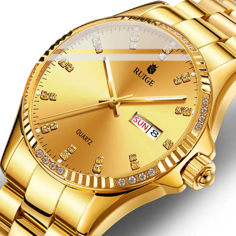 RUIGE Men's Luxury Business All-Metal Watch, 2-Tone Stainless Steel Diamond Studded Wristwatch with Hardlex Glass, Luminous Gold Dial, Calendar, 30M Waterproof, Quartz Analog for Business Wear