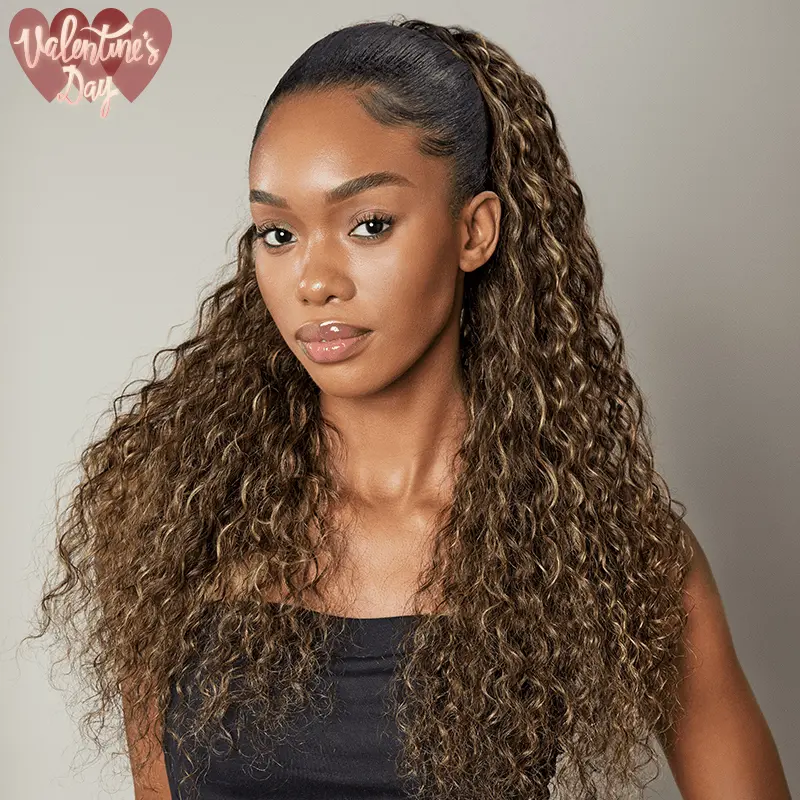 [Clearance Sale] Frodio Ponypop Honey Blonde Highlight Curly Water Wave Ponytail 100% Human Hair Extension Sleek And Full Ponytail Wig Drawstring Ponytail - Giselle #summervibes