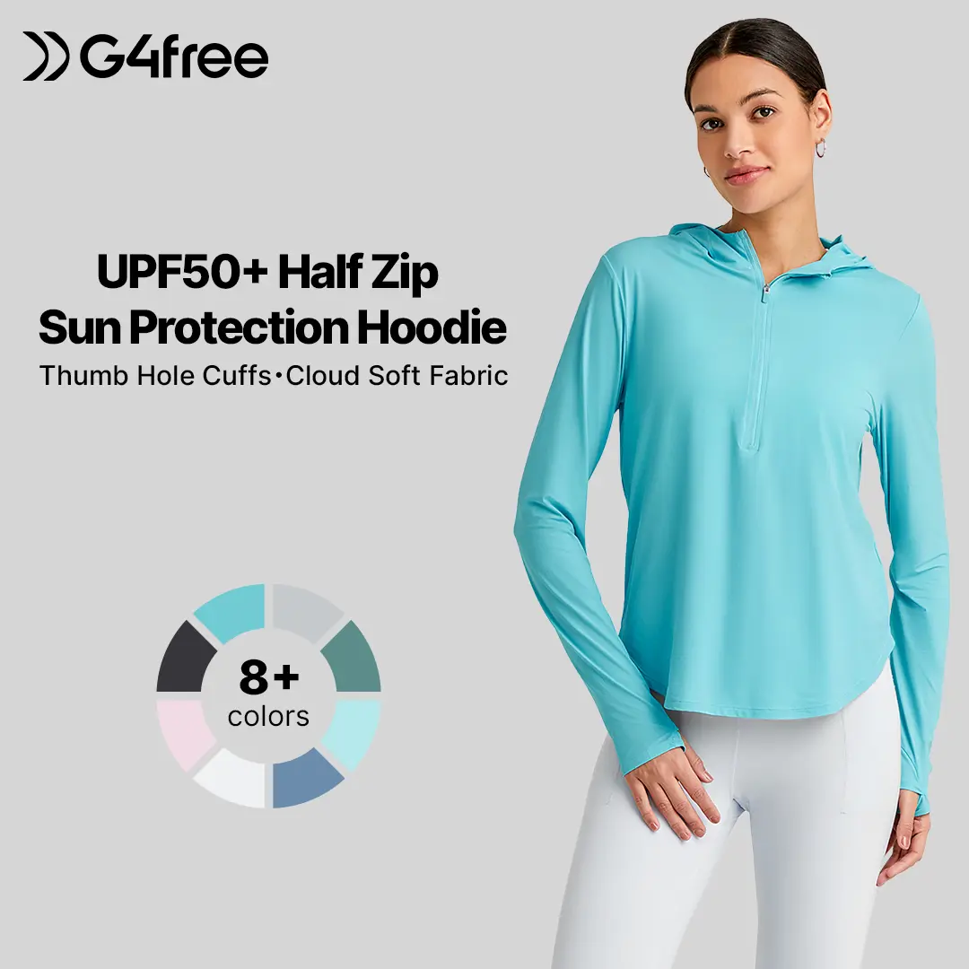 G4Free Lightbreeze Women's UPF 50+ Hooded Long-Sleeve Half-Zip Rash Guard, Lightweight Cool Sporty Athleisure Women's Sun Shirt for Hiking Fishing, Lightweight Rash Guards, Cool Women's Rashguards