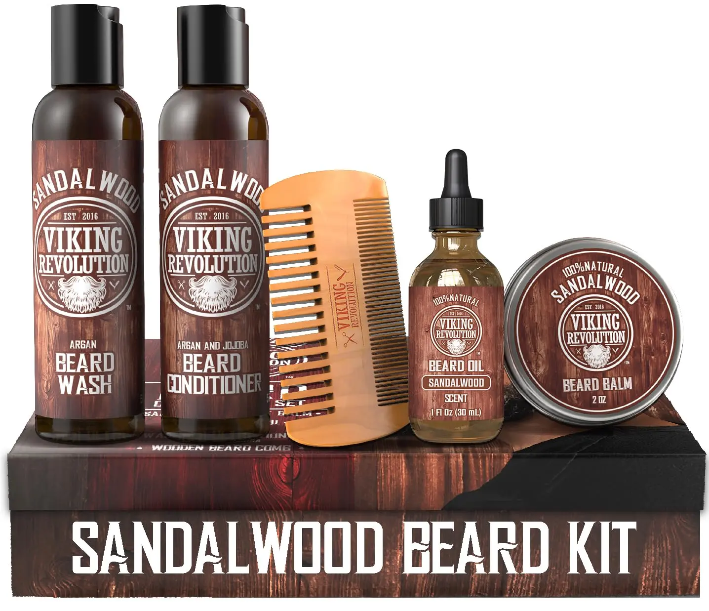 Viking Revolution Ultimate Beard Care Kit For Men - Sandalwood Scented Beard Wash + Conditioner + Oil + Balm + Comb - Thickening Nourishing Gift Set