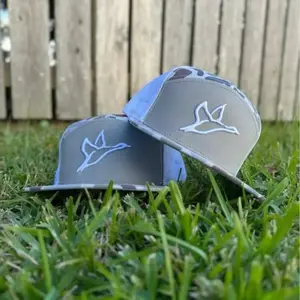 Duck Icon Flying 7 Panel BrackishWhite Trucker Hat, Full Black and White Embroidered Snapback