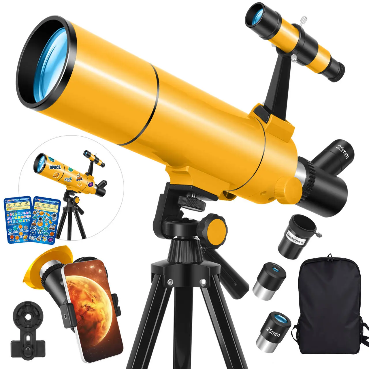 80mm Refractor Telescope for Beginners 500mm with Phone Adapter Fun Space Stickers & Stencil, 20X-150X Magnification Learning Tool Teaching Supplies School Supplies, Stationery Set & Office Gadgets