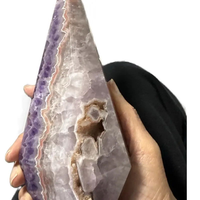 Lela’s GemStoneZ XLarge Chevron Amethyst Tower Banded Dream Amethyst Obelisk with Natural Druzy Cavity & Polished Cut Statement Crystal Decor