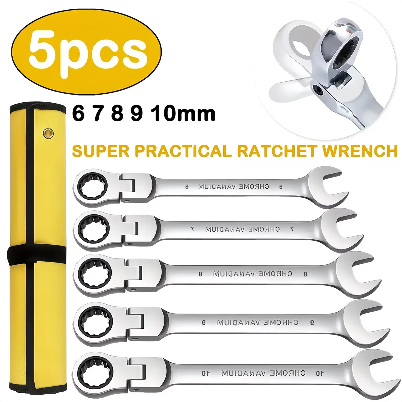 【sohochic】5pcs Double-ended Adjustable Ratchet Wrench Set, Multi-function Ratchet Wrench Combination Set, Metric, 6+7+8+9+10 Mm, 72 Teeth, Cr-V Steel Wrench Set With Storage Bag, Suitable For Home/car/machinery, Etc., Daily Use, Good Choice For Gifts.