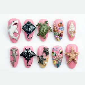 Chic Nail Studio Pink Ocean Creatures Press-On Nails, 3D Shark Turtle Stingray Starfish Seashell Charms, Underwater Coral Reef Art, Handmade Marine Nail Art, Beach Vacation Nails, Summer Ocean Travel Style