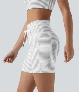 Halara High Waisted Drawstring Striped Yoga Biker Shorts 5'' with Pockets