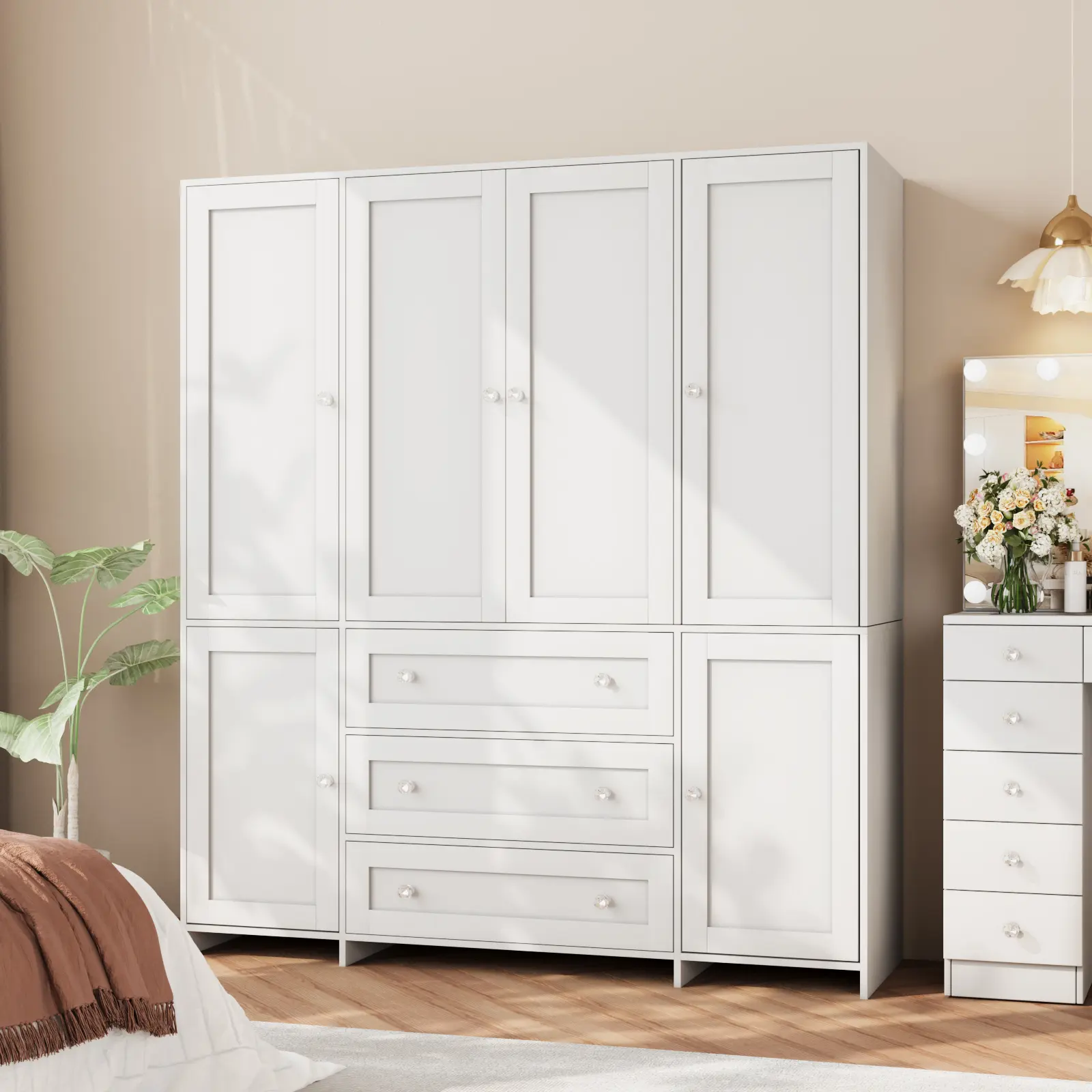 【2 Packages Delivery】VOWNER Large 4 Doors Wooden Wardrobe Bedroom Tall Armoire Closet Organizer with 3 Big Drawers Mirror Hanging Rails and Shelves Clothes Storage Cabinet for Bedroom Laundry Room