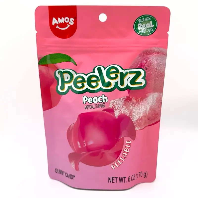 Amos Peelerz Peelable Peach-Shaped Corn Gummies - 6oz (170g) GMO-Free Natural Juicy Peach Chewy Candy Treat in Resealable Bag, Soft Fruity Fruit Flavored Artificial Ingredient-Free Snack Idea
