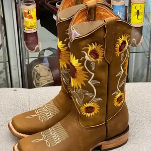 Mirasol Square Toe Womens Boots Tan Genuine Leather Western Rodeo Cowgirl Boots New Design Water Resistant Made in Mexico - Shoe