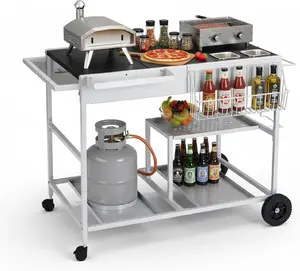 ROVSUN Pizza Oven Grill Table Cart, Movable Food Prep Cart with Pizza Topping Station, Seasoning Shelf, Gas Bottle Space, Outdoor Table Stand for Griddle, Patio, Home, Parties