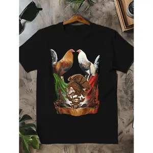 Humorous Cotton Short Sleeve T Shirt with Three Roosters Mexican Emblem Design Comfortable Casual Crew Neck Top Suitable for Men Outdoor Activities