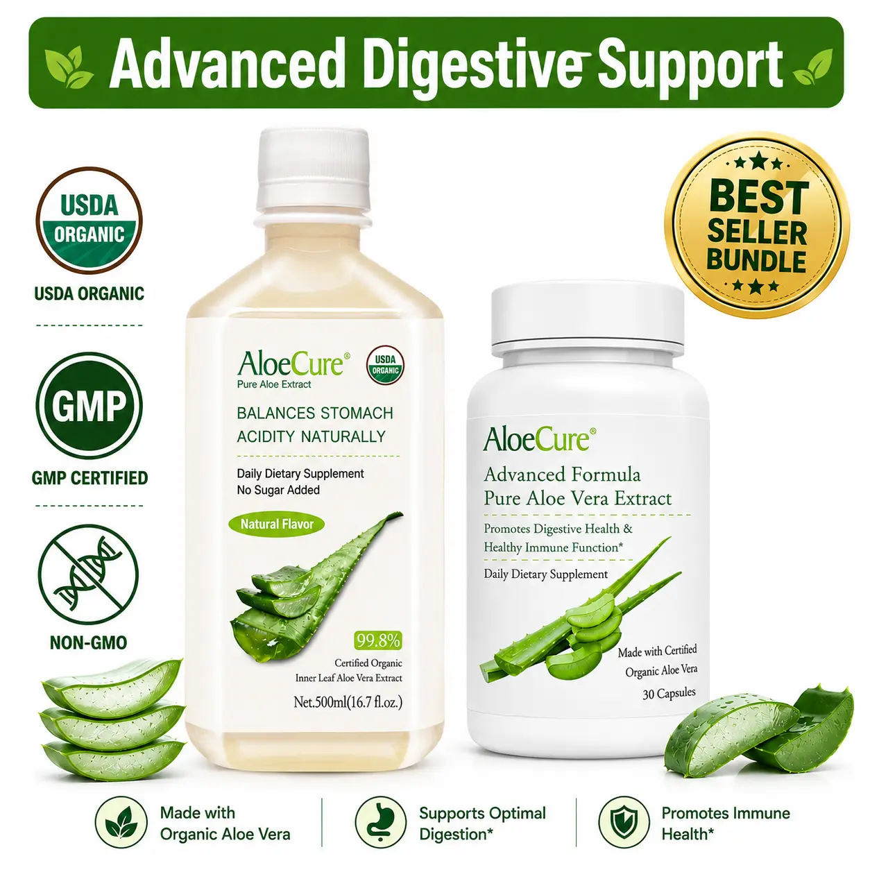 AloeCure Digestion & Gut Support Dietary Supplement Pack - Natural Aloe Juice 1btl, Natural Dietary Supplement Aloe Vera Capsules 30 caps for Bloated Stomach Relief, Bioactive Aloe, Vegan Certified