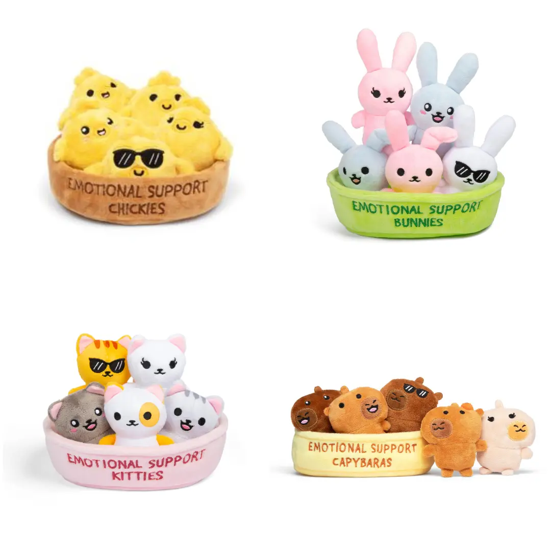 Emotional Support Pals - Animal Plushie Sets (Kitties, Capybaras, Bunnies & More), Includes 5 Plushies with Carrying Basket, Cute Gifts for All Ages by Relatable