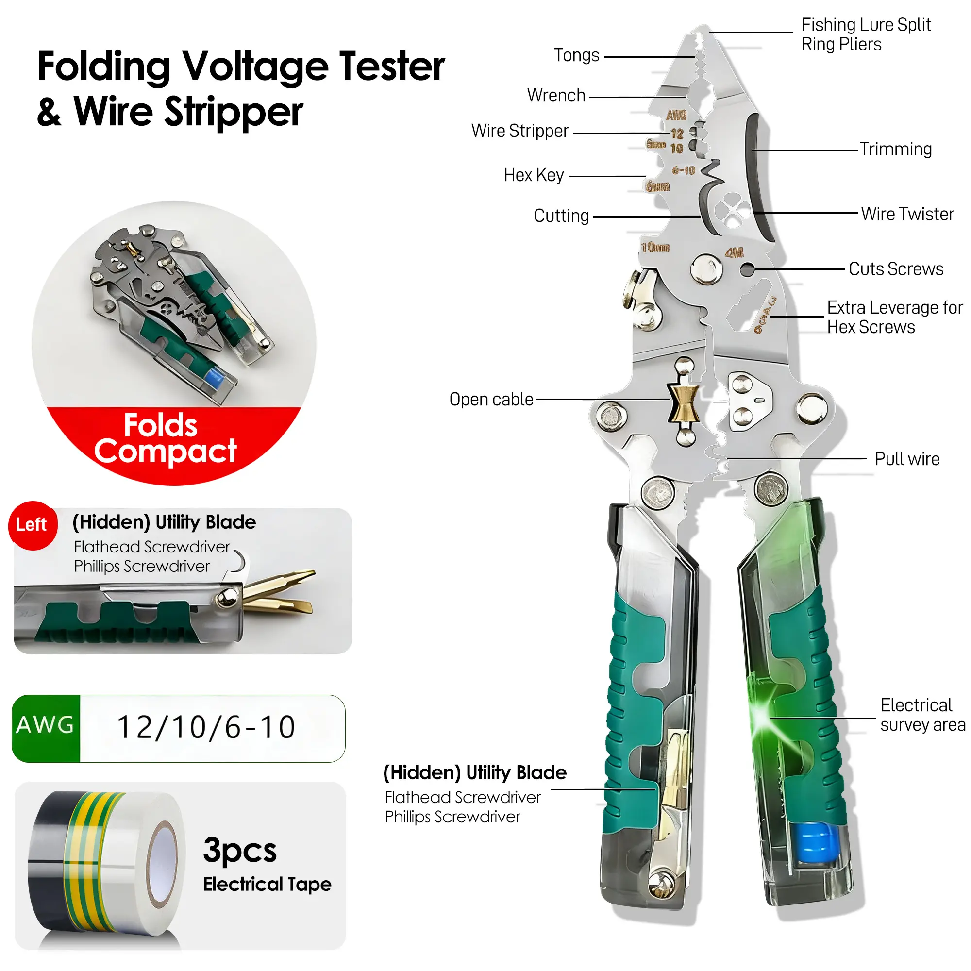 ​​16 in 1 Professional Multi - Function Pliers with Flathead & Phillips Screwdrivers, Wire Stripper, Crimper, Hex Key Wrench, Bolt Cutter, Voltage Tester, Cable Cutter, Wire Spooler, Puncture Knife, Precision Wire Cutter, Hex Socket, Insulated Grip