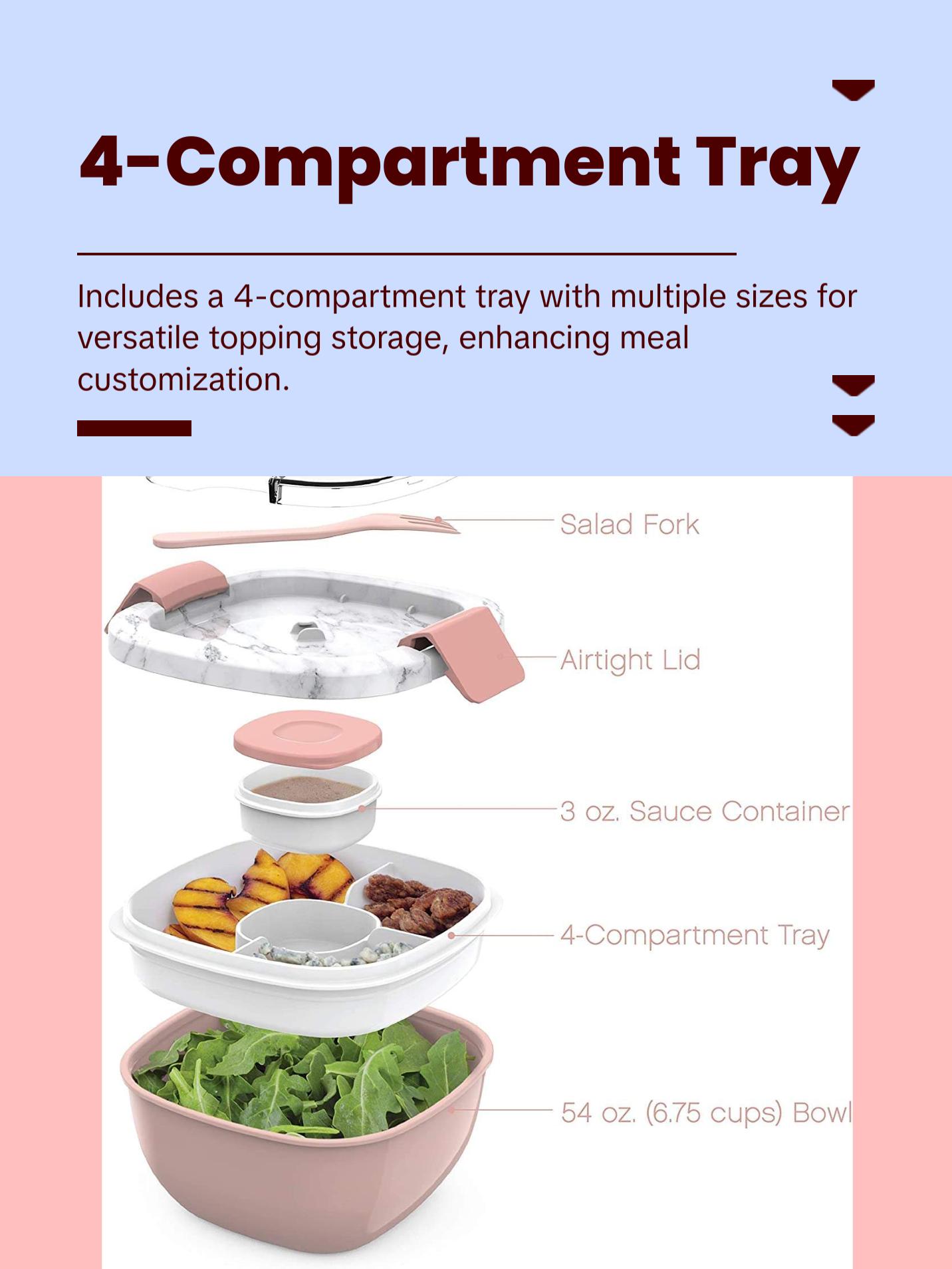 Salad - Stackable Lunch Container with Large Salad Bowl, 4-Compartment Bento-Style Tray for Toppings And Sauce Container