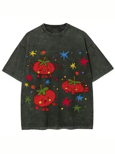 Washed cotton, cute tomato party print T-shirt, high-quality batik cotton vintage fashion brand T-shirt, unisex T-shirt, everyday wear pop T-shirt, holiday gift, perfect gift