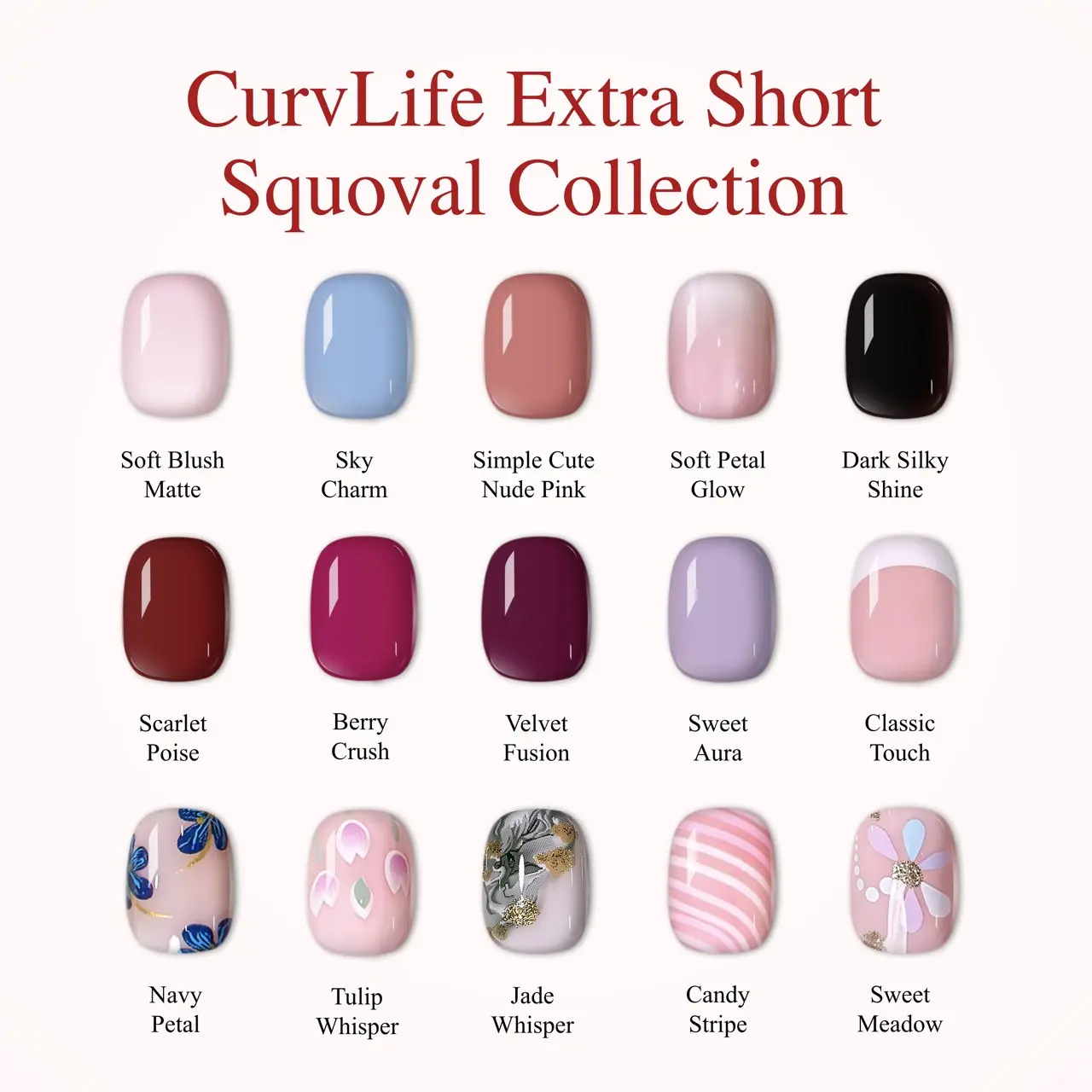 CurvLife Extra Short Squoval Press-On Nails Collection | 30PCS | Natural Nude & Pink Tones, Simple Cute, Soft Petal & Floral Styles, Glossy Jelly Finish | Summervibes | Non-Toxic Reusable Nails, Easy Application, Everyday Minimal Look for Daily Wear