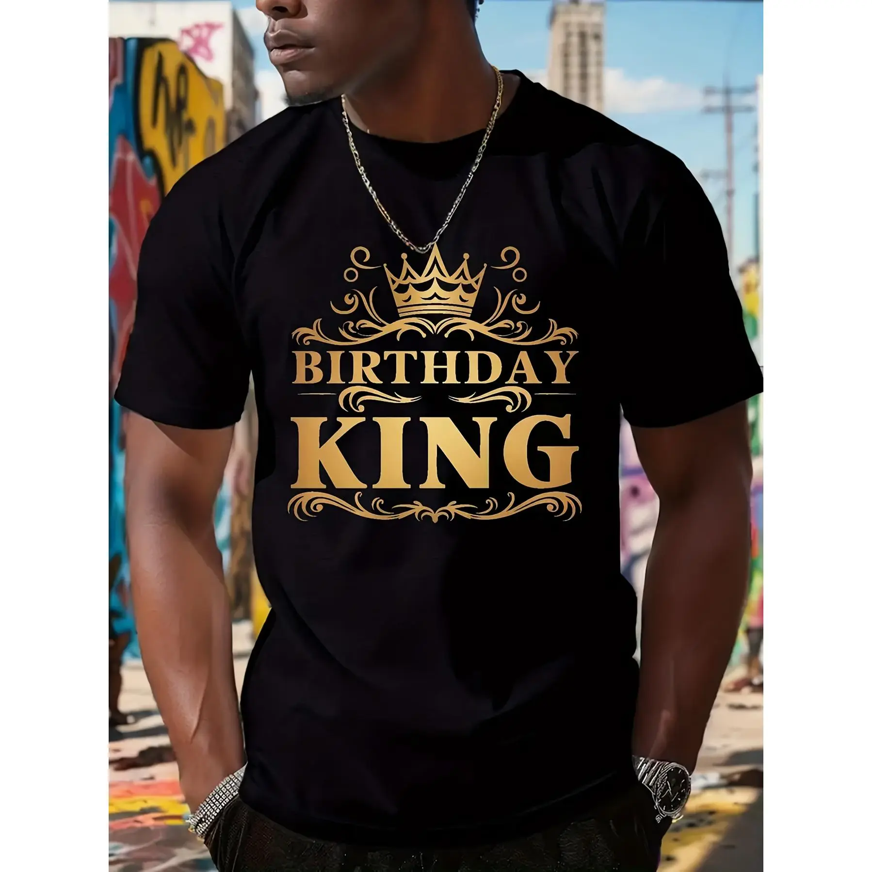 Classic Unisex 100% Cotton Birthday King T-Shirt - Modest Round Neck Shortsleeve Tops, Classic Fit, Geometric Minimalist Folk Style, Vintage Menswear, Comfortable Versatile Festive Party Daily Spring Summer Festive & Party Supplies Accessory