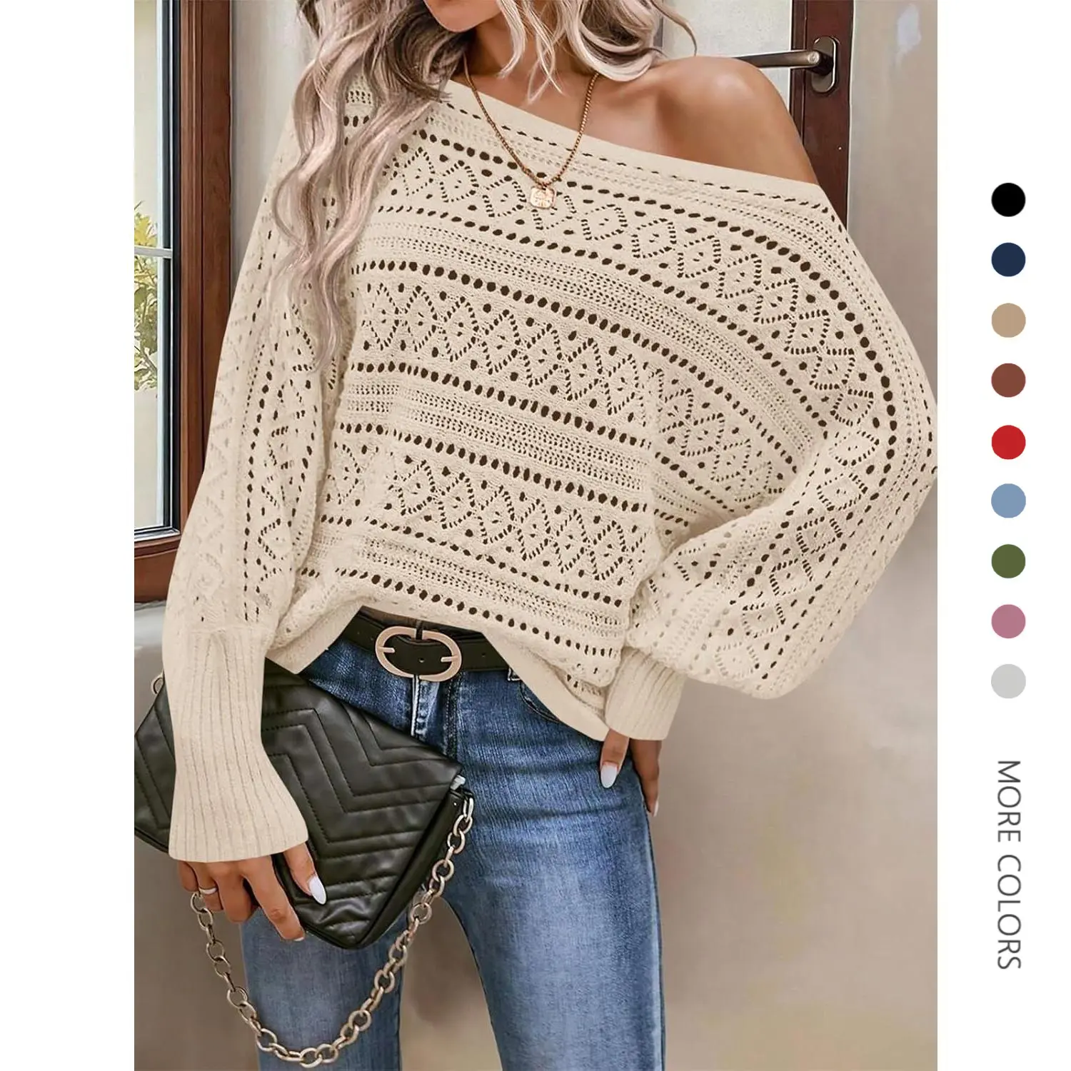 Danedvi Women's Boho Crochet Knit Sweater, Casual Off-The-Shoulder Loose-Fitting Slightly Oversized Pullover with Batwing Long Sleeves, Basic Aesthetic Lady Top for Fall Holiday, Office-To-Outing Ready, Check Size Chart