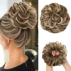 Large Messy Bun Hair Piece Wavy Curly Scrunchies Synthetic Chignon Ponytail Hair Extensions Thick Updo Hairpieces for Women Dirty Blonde