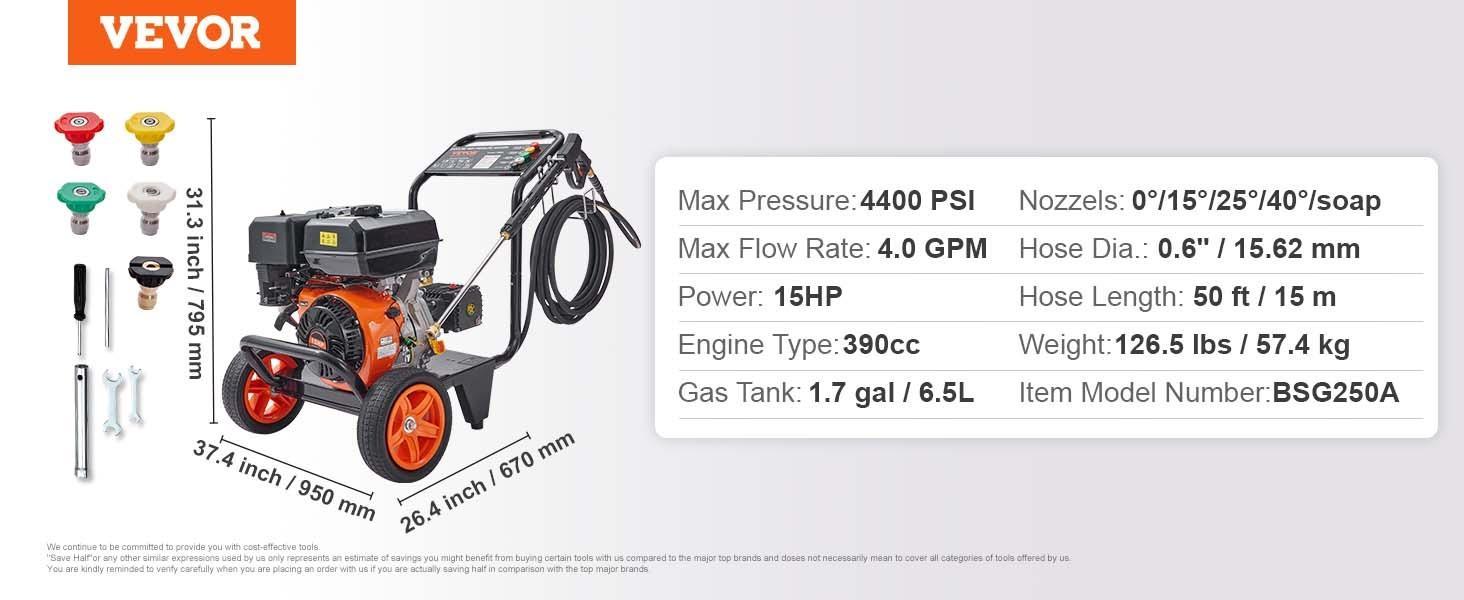 VEVOR Gas Pressure Washer,  Max 4400 PSI 4.0 GPM, Gas Powered Pressure Washer with Copper Pump, Spray Gun and Extension Wand, 5 Quick Connect Nozzles, for Cleaning Cars, Homes, Driveways, Patios