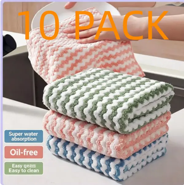10 Pack Wavy Coral Fleece Kitchen Dish Cloths | Thickened Non-Stick Oil Super Absorbent Lint-Free Cleaning Rags